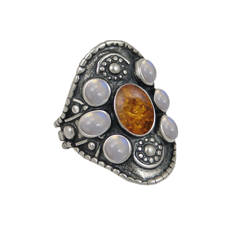 Sterling Silver High Queen's Ring With Amber And Rainbow Moonstone Size 10